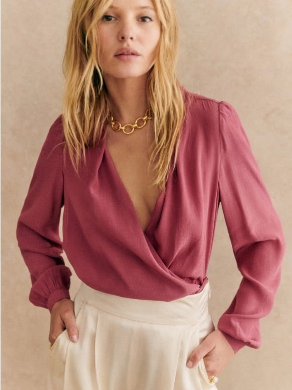 Sezane Abelia Women's Wrap V-Neck Long-Sleeve Top - Rosewood - 40 / 8